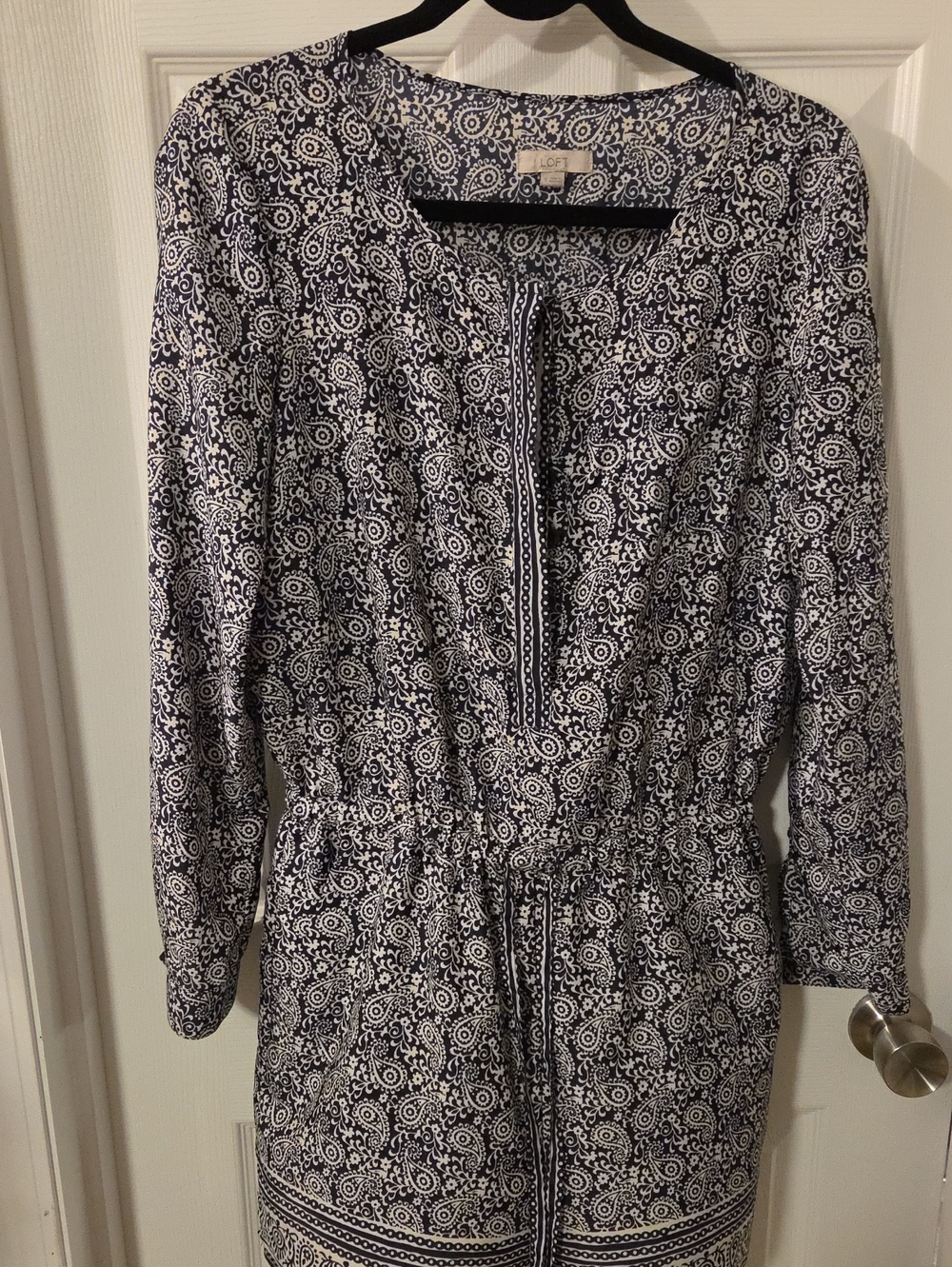 LOFT Black & White Long-Sleeve Printed Drawstring Romper